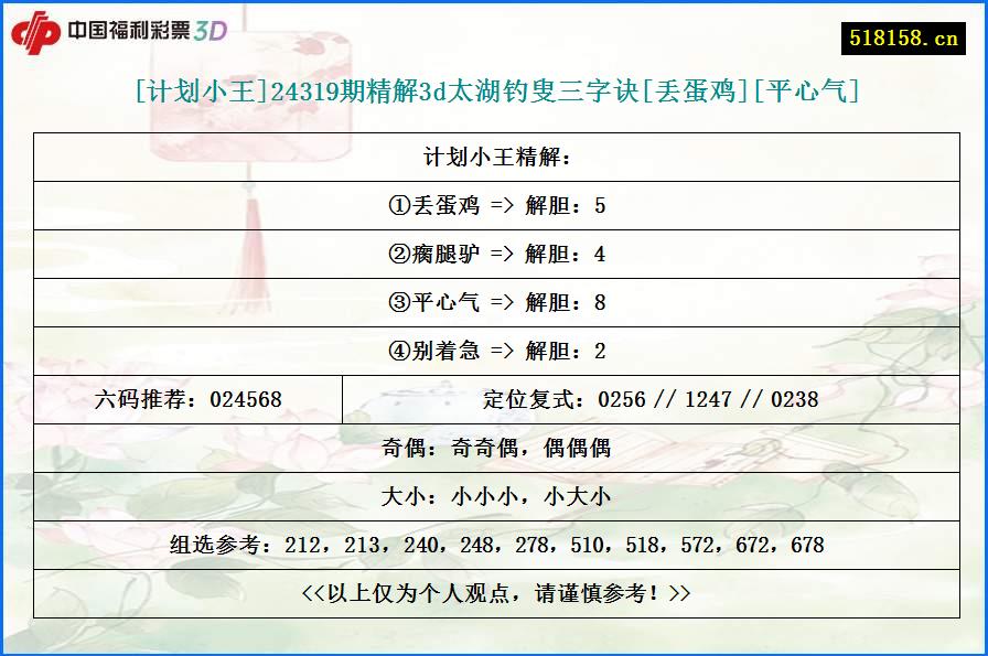 [计划小王]24319期精解3d太湖钓叟三字诀[丢蛋鸡][平心气]