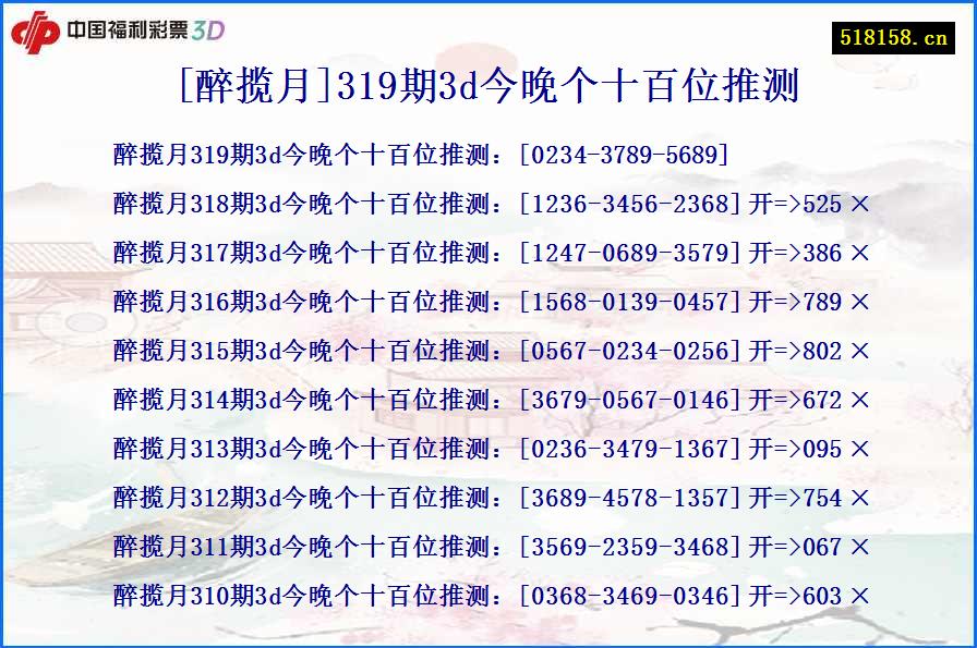 [醉揽月]319期3d今晚个十百位推测