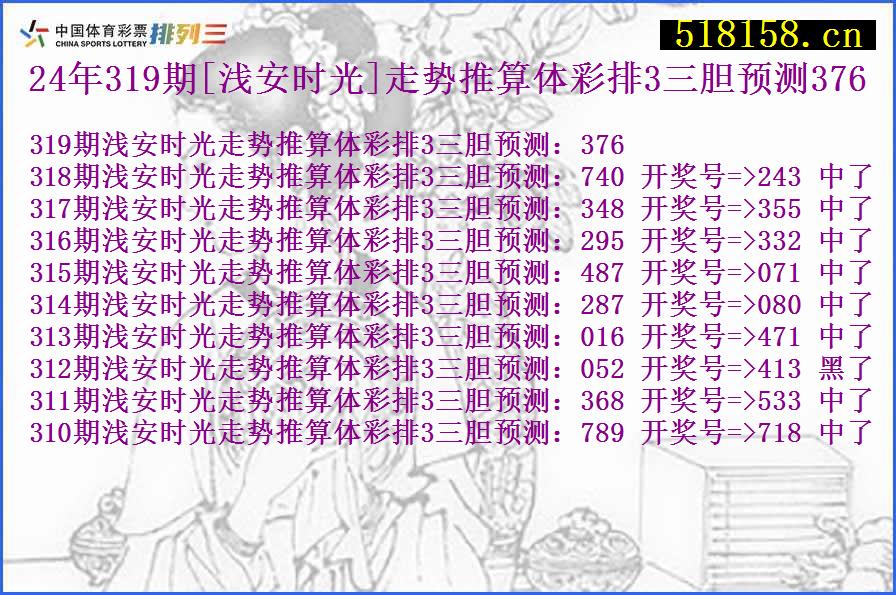 24年319期[浅安时光]走势推算体彩排3三胆预测376