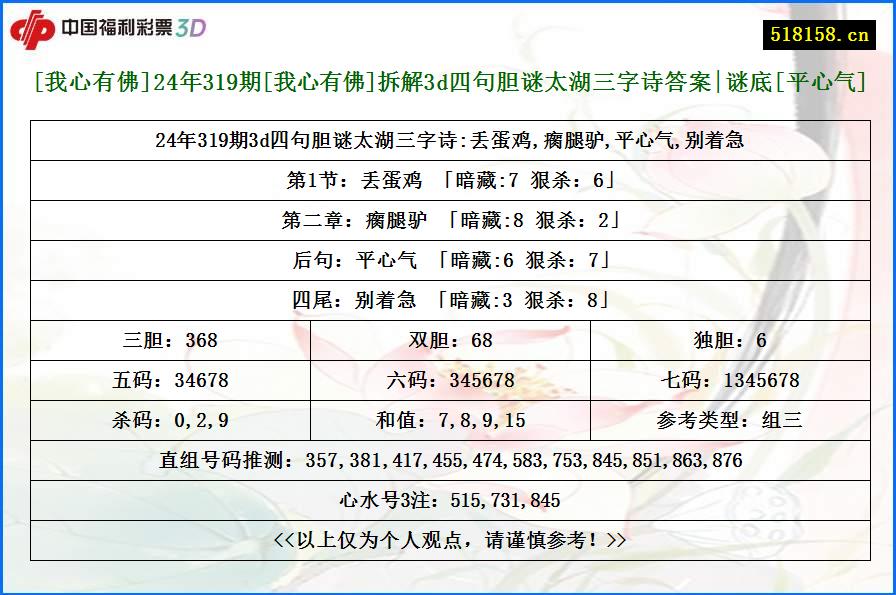 [我心有佛]24年319期[我心有佛]拆解3d四句胆谜太湖三字诗答案|谜底[平心气]