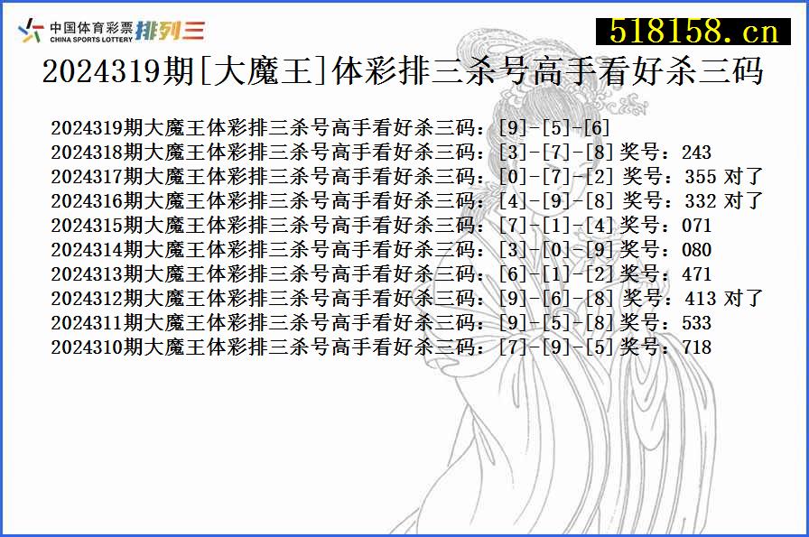 2024319期[大魔王]体彩排三杀号高手看好杀三码