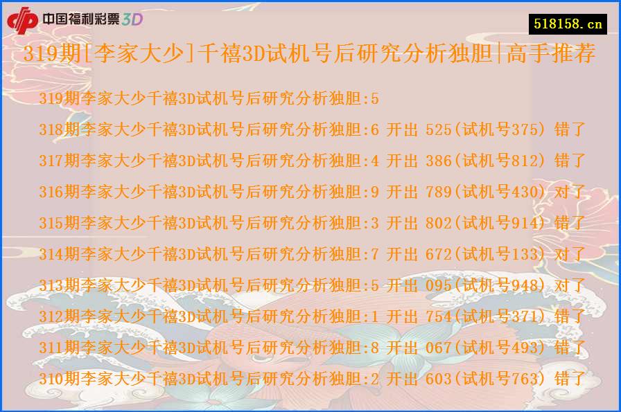 319期[李家大少]千禧3D试机号后研究分析独胆|高手推荐