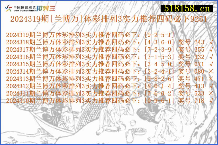 2024319期[兰博万]体彩排列3实力推荐四码必下9251