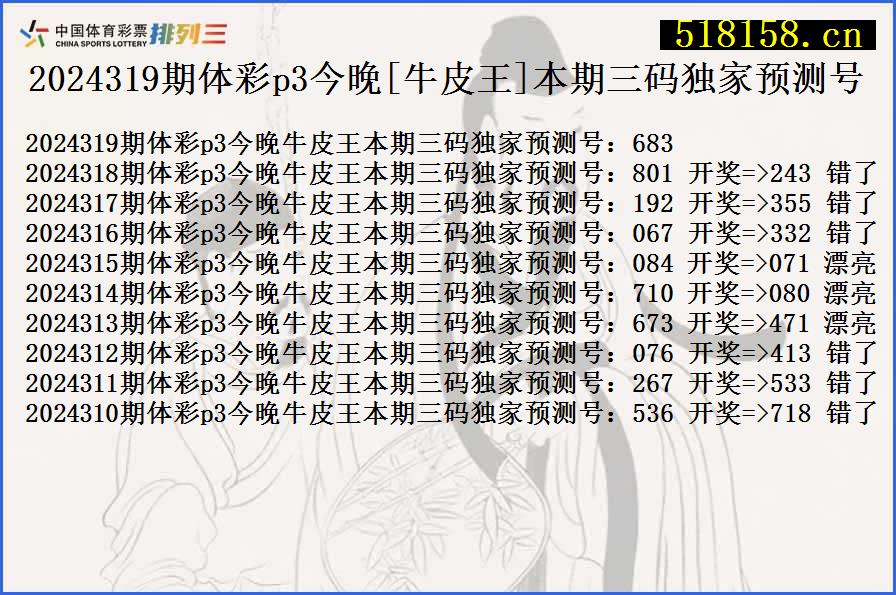 2024319期体彩p3今晚[牛皮王]本期三码独家预测号