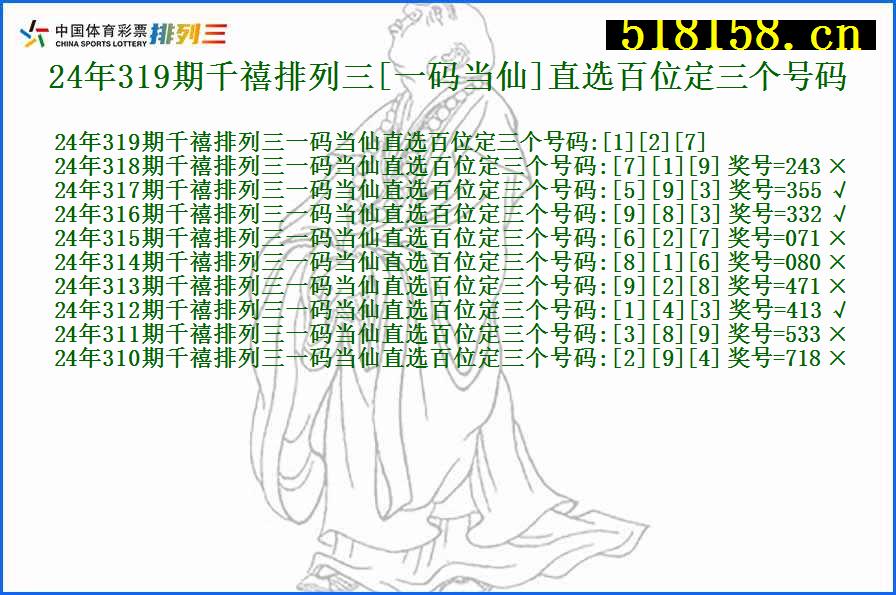 24年319期千禧排列三[一码当仙]直选百位定三个号码