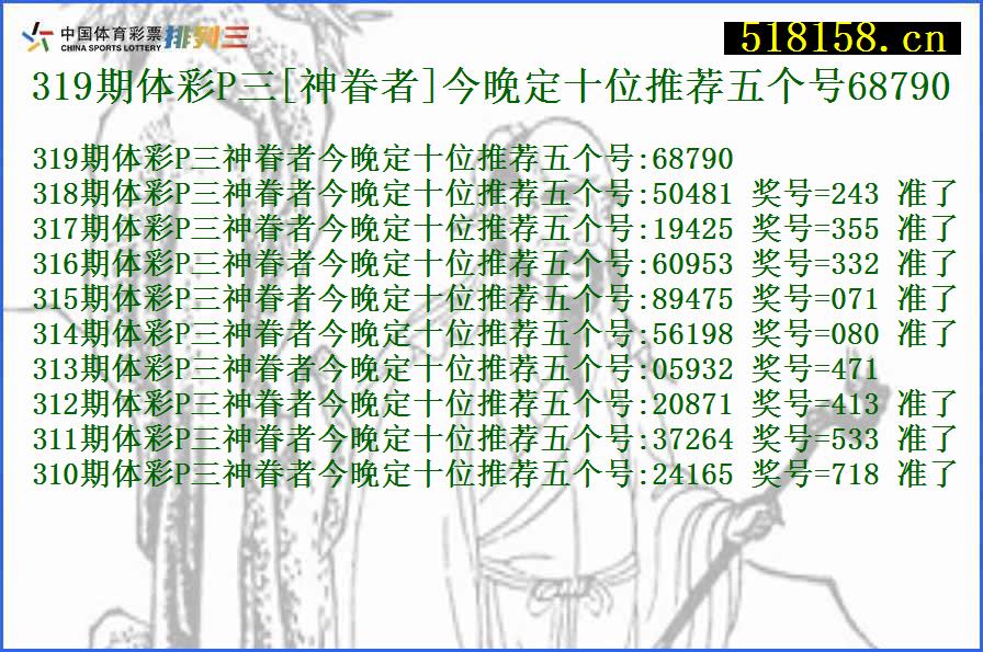 319期体彩P三[神眷者]今晚定十位推荐五个号68790