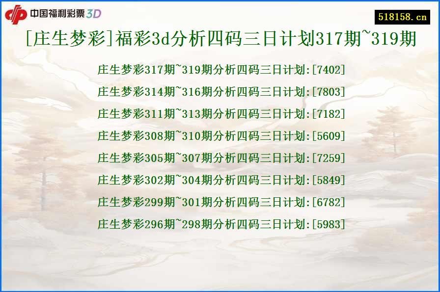 [庄生梦彩]福彩3d分析四码三日计划317期~319期