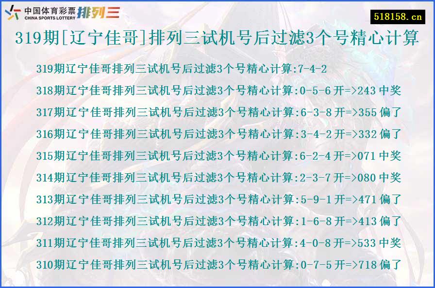 319期[辽宁佳哥]排列三试机号后过滤3个号精心计算