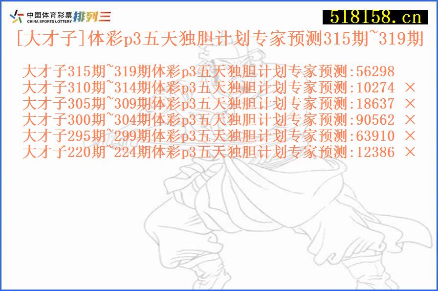 [大才子]体彩p3五天独胆计划专家预测315期~319期