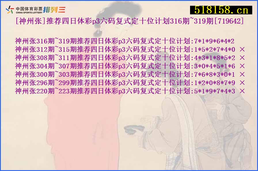 [神州张]推荐四日体彩p3六码复式定十位计划316期~319期[719642]