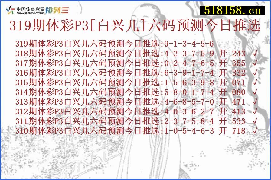 319期体彩P3[白兴儿]六码预测今日推选