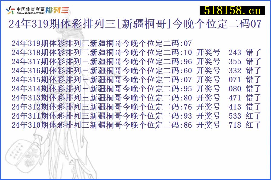 24年319期体彩排列三[新疆桐哥]今晚个位定二码07