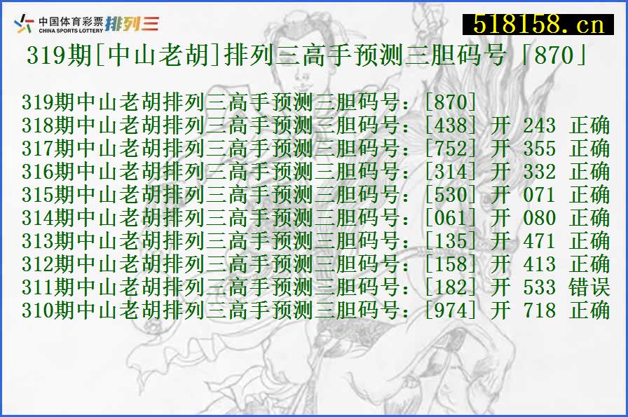 319期[中山老胡]排列三高手预测三胆码号「870」