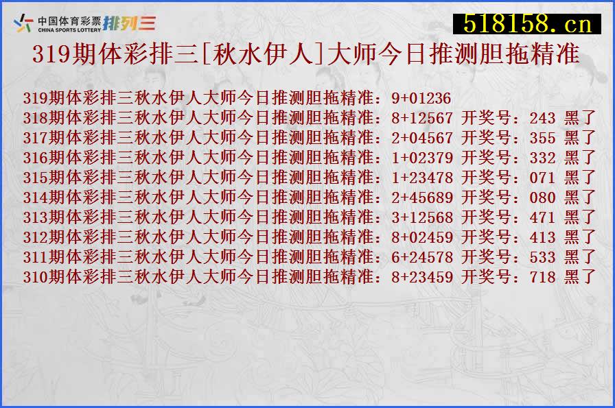 319期体彩排三[秋水伊人]大师今日推测胆拖精准