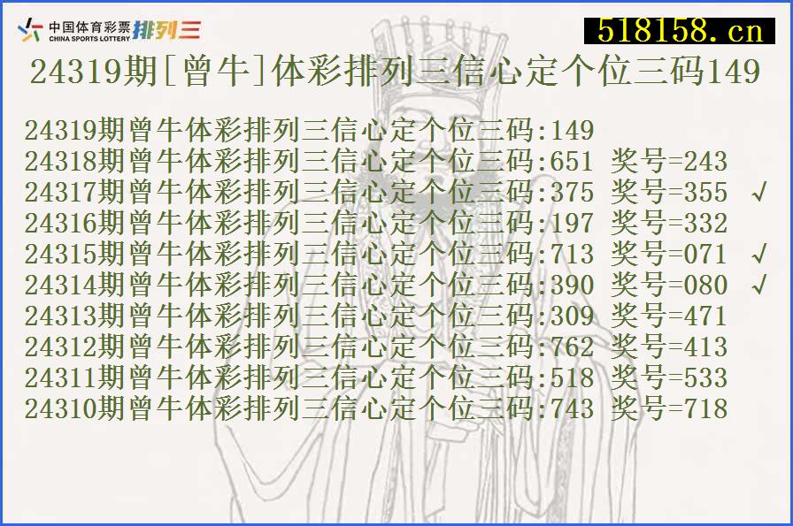 24319期[曾牛]体彩排列三信心定个位三码149