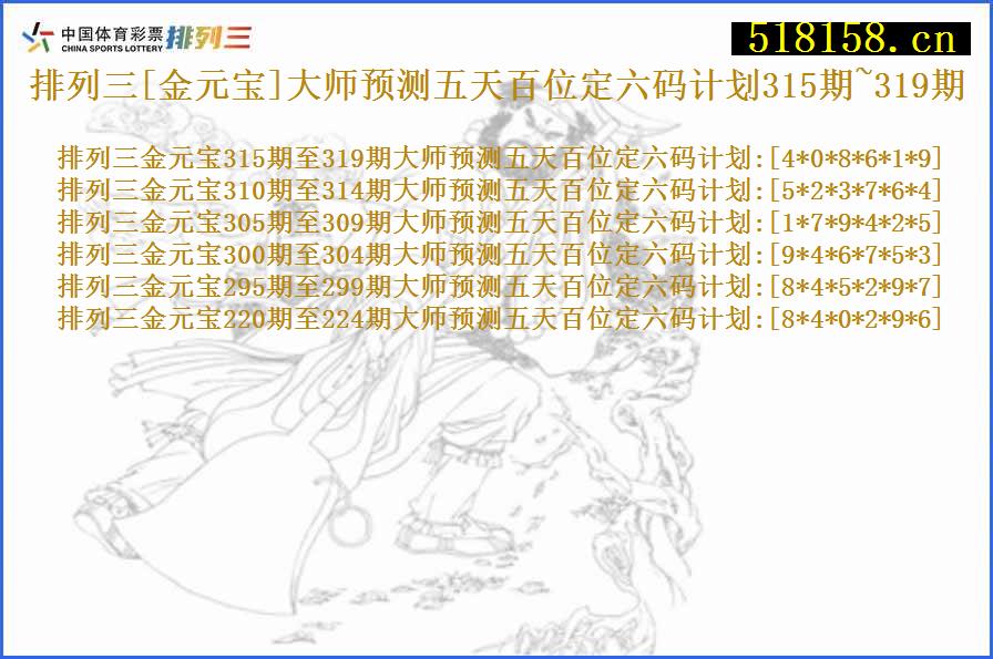 排列三[金元宝]大师预测五天百位定六码计划315期~319期