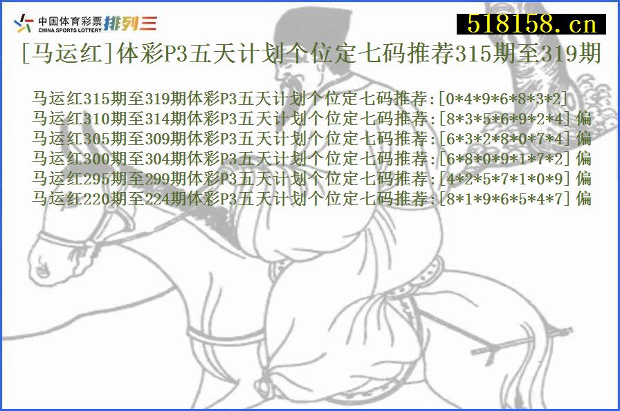 [马运红]体彩P3五天计划个位定七码推荐315期至319期