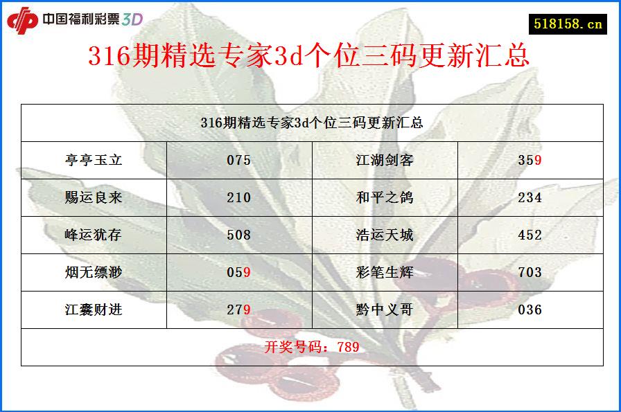 316期精选专家3d个位三码更新汇总