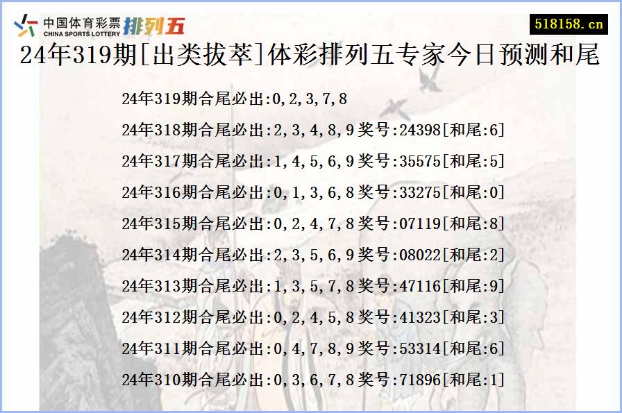 24年319期[出类拔萃]体彩排列五专家今日预测和尾