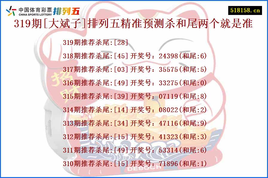 319期[大斌子]排列五精准预测杀和尾两个就是准