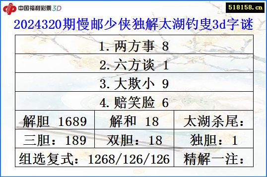 2024320期慢邮少侠独解太湖钓叟3d字谜