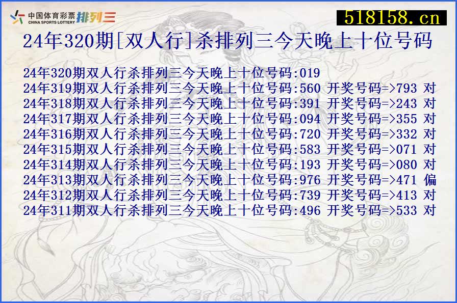 24年320期[双人行]杀排列三今天晚上十位号码