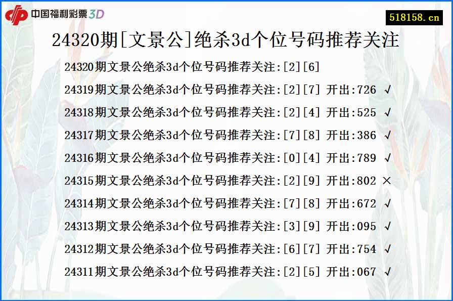 24320期[文景公]绝杀3d个位号码推荐关注