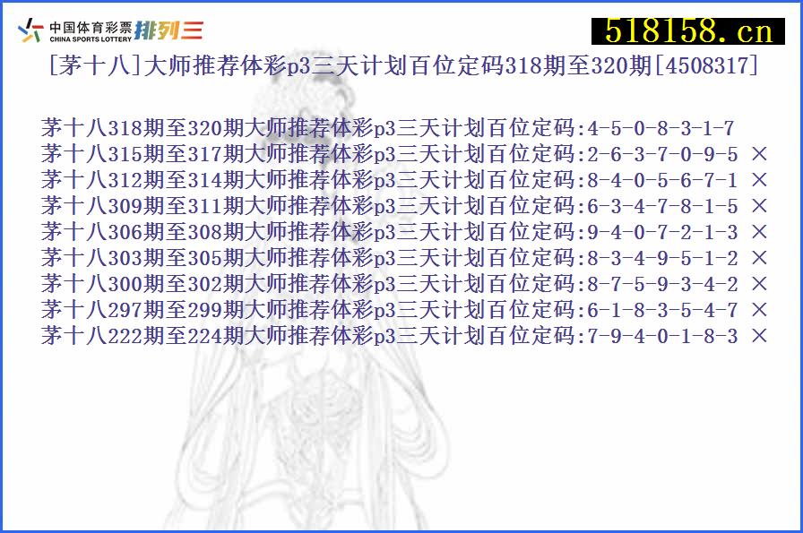 [茅十八]大师推荐体彩p3三天计划百位定码318期至320期[4508317]