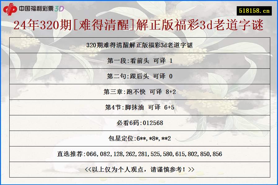 24年320期[难得清醒]解正版福彩3d老道字谜