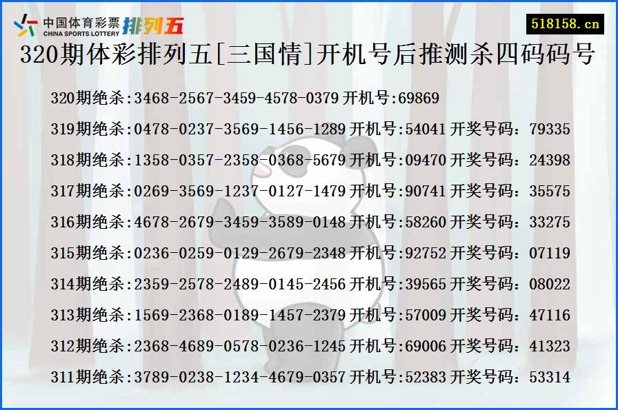 320期体彩排列五[三国情]开机号后推测杀四码码号