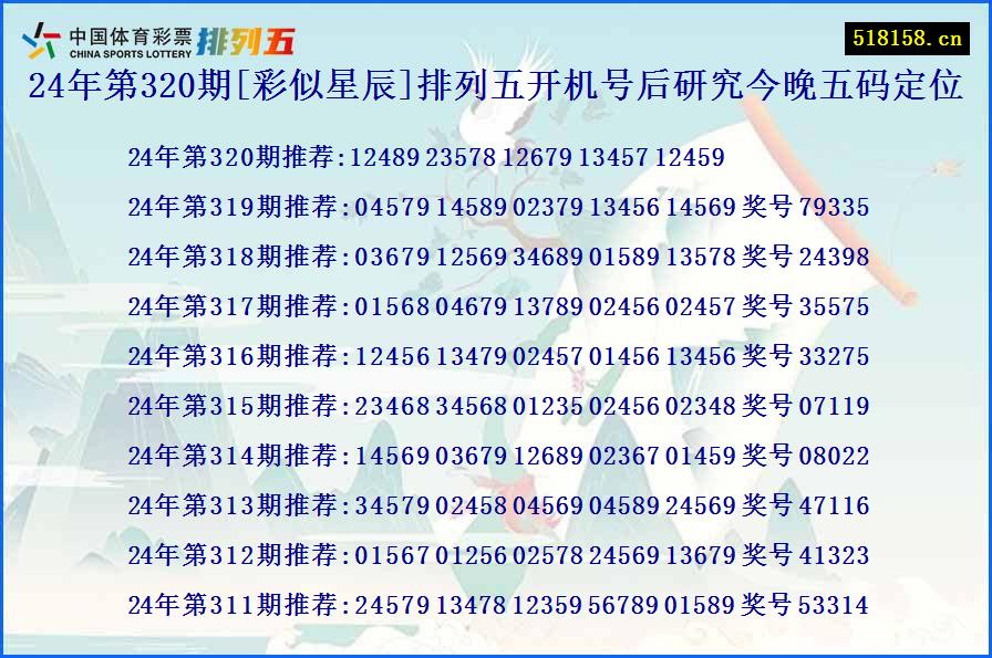 24年第320期[彩似星辰]排列五开机号后研究今晚五码定位