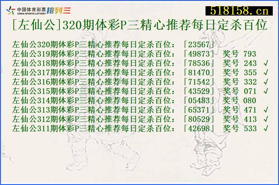 [左仙公]320期体彩P三精心推荐每日定杀百位