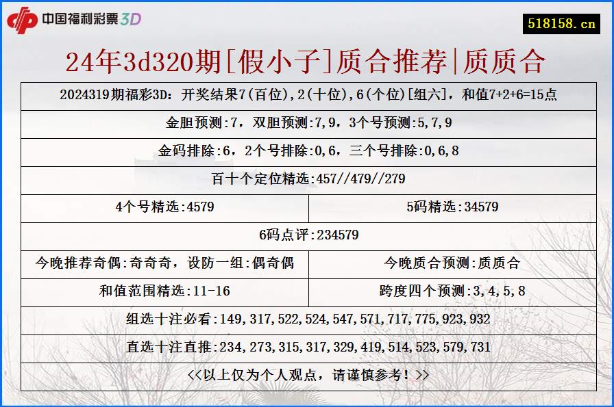 24年3d320期[假小子]质合推荐|质质合