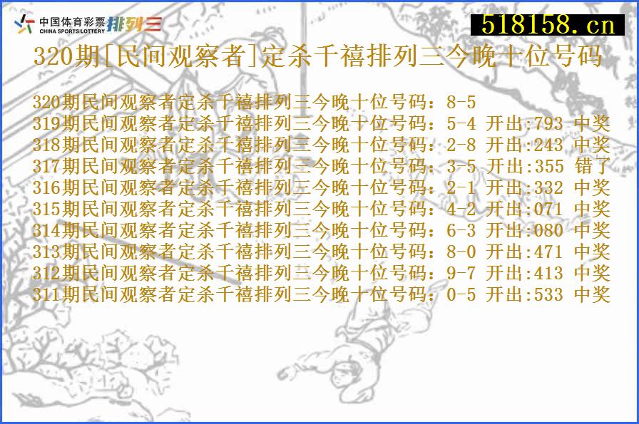 320期[民间观察者]定杀千禧排列三今晚十位号码