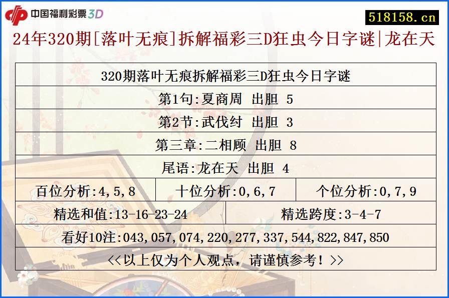 24年320期[落叶无痕]拆解福彩三D狂虫今日字谜|龙在天