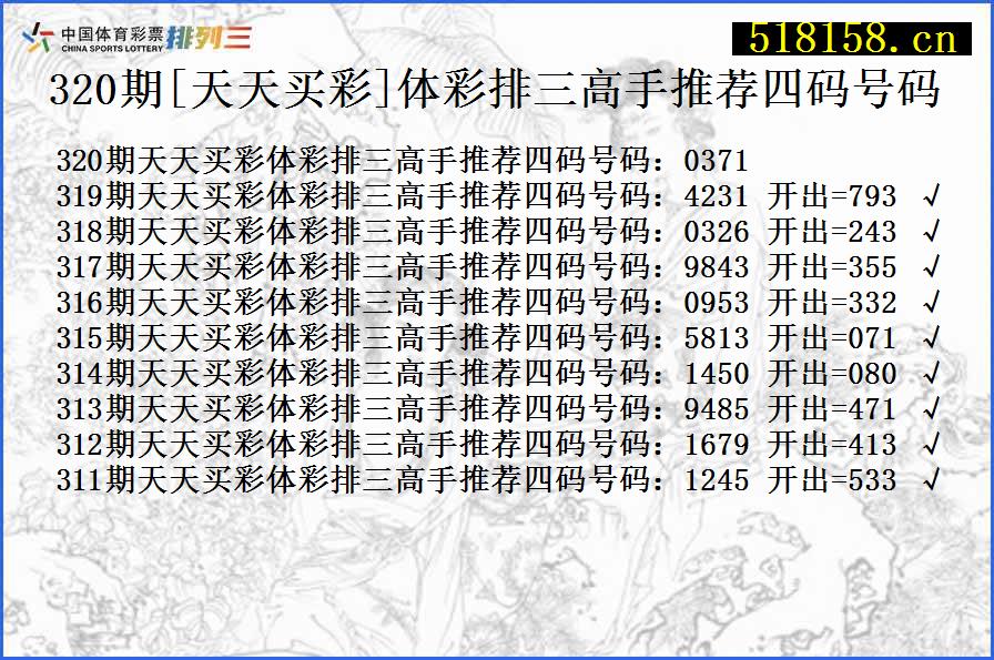 320期[天天买彩]体彩排三高手推荐四码号码