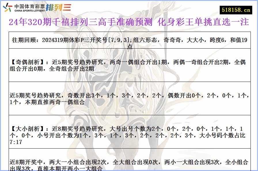 24年320期千禧排列三高手准确预测 化身彩王单挑直选一注