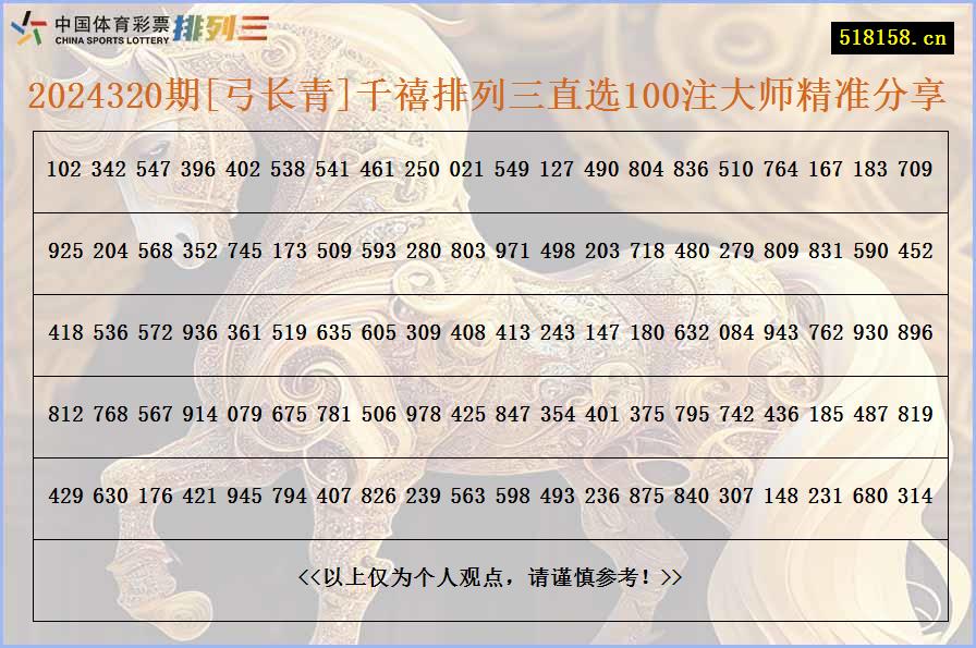 2024320期[弓长青]千禧排列三直选100注大师精准分享