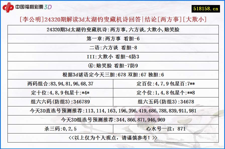 [李公明]24320期解读3d太湖钓叟藏机诗回答|结论[两方事][大欺小]