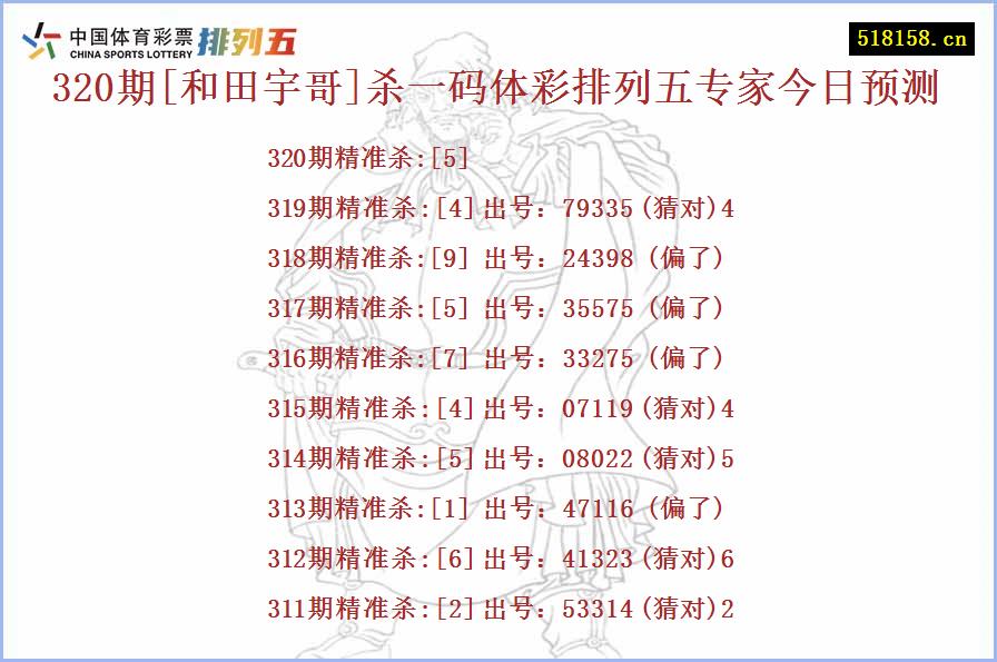 320期[和田宇哥]杀一码体彩排列五专家今日预测