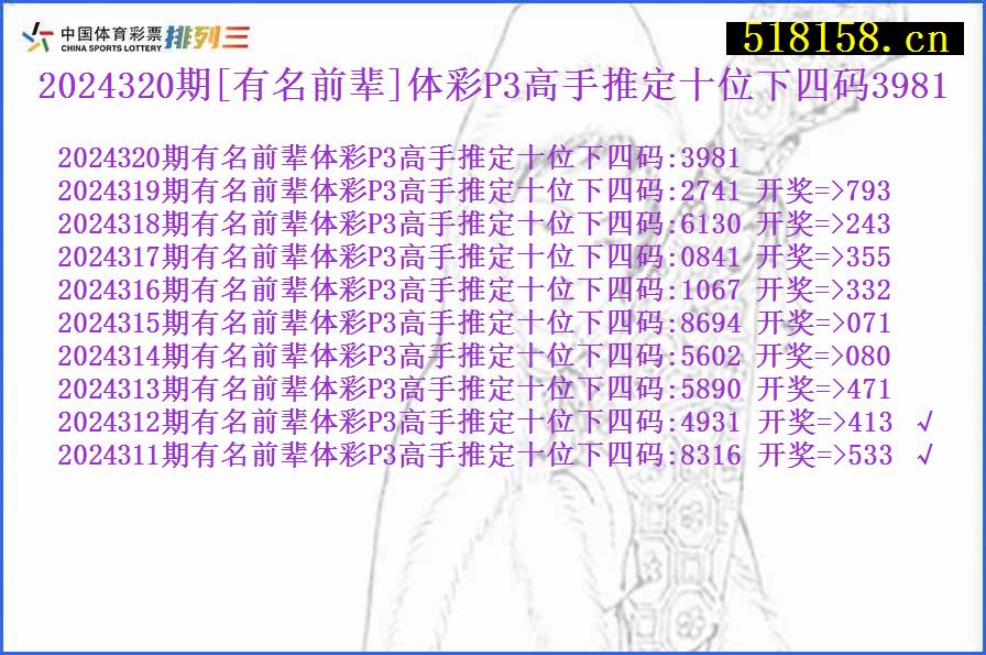 2024320期[有名前辈]体彩P3高手推定十位下四码3981