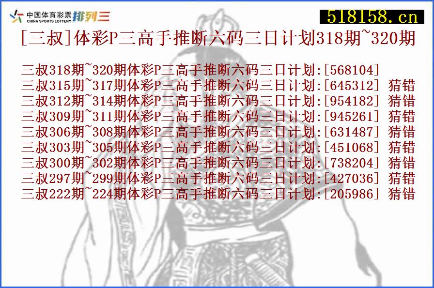 [三叔]体彩P三高手推断六码三日计划318期~320期