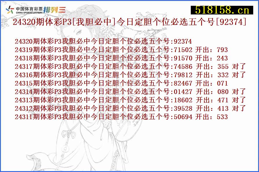 24320期体彩P3[我胆必中]今日定胆个位必选五个号[92374]