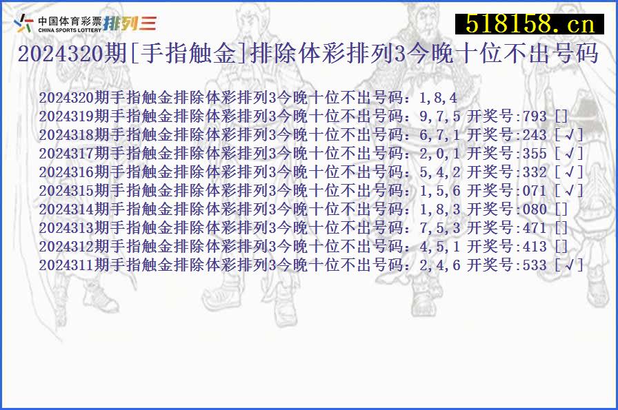 2024320期[手指触金]排除体彩排列3今晚十位不出号码