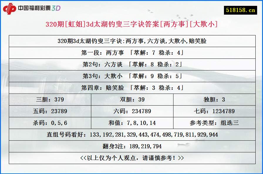 320期[虹姐]3d太湖钓叟三字诀答案[两方事][大欺小]