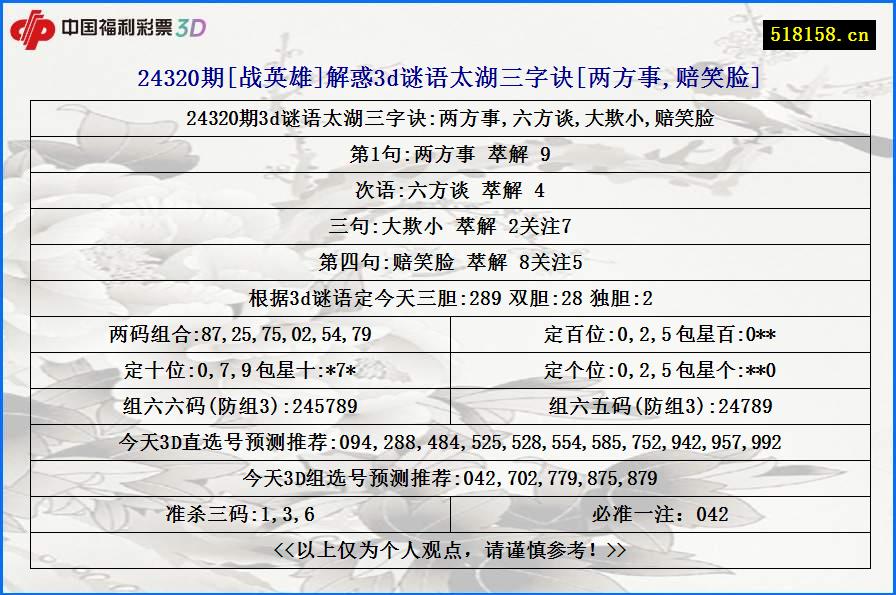 24320期[战英雄]解惑3d谜语太湖三字诀[两方事,赔笑脸]