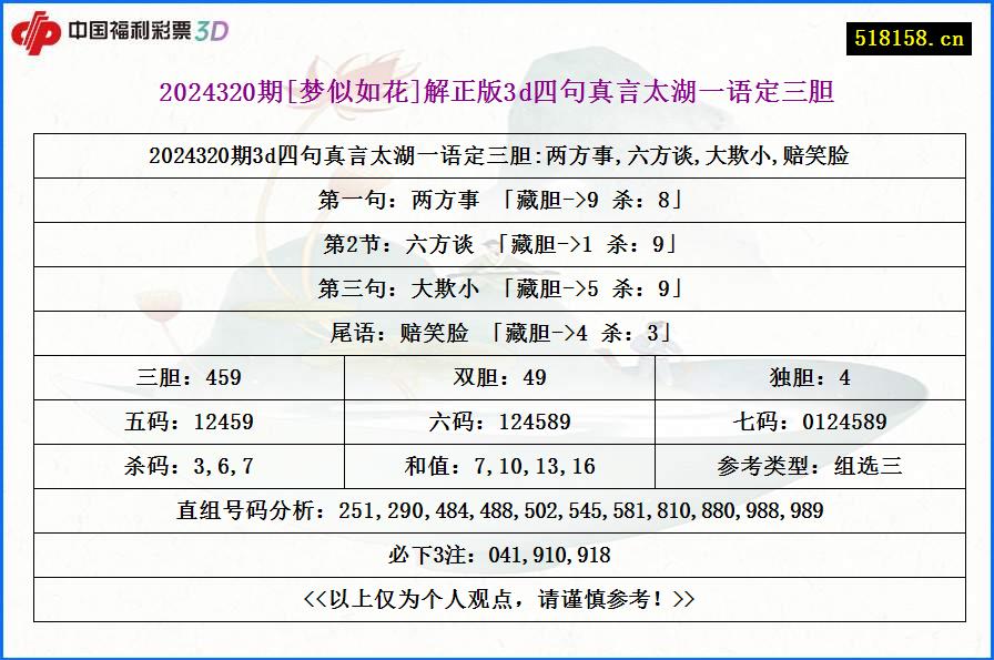 2024320期[梦似如花]解正版3d四句真言太湖一语定三胆