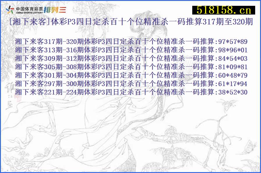 [湘下来客]体彩P3四日定杀百十个位精准杀一码推算317期至320期