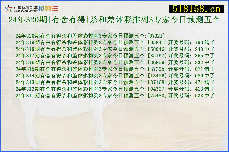 24年320期[有舍有得]杀和差体彩排列3专家今日预测五个