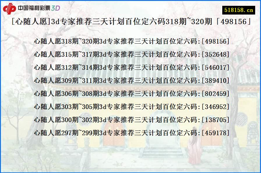 [心随人愿]3d专家推荐三天计划百位定六码318期~320期「498156」